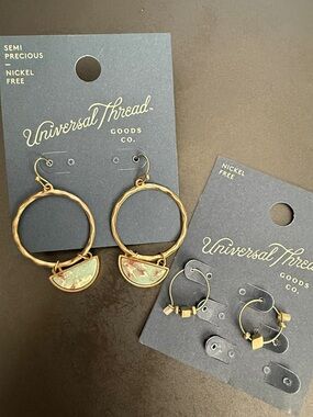 Universal Thread Gold Hoop Earrings with Green and Pink Marbled Semicircles